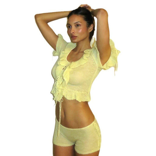 Damen Kurzarm Spitze Top mit Rüschen EB