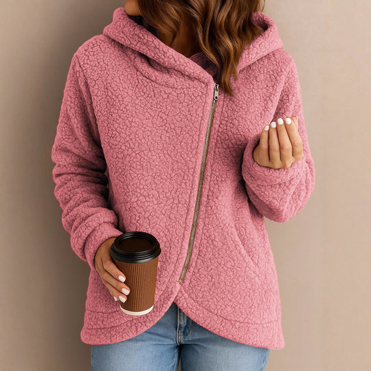 Damen Flauschige Kapuzenjacke mit asymmetrischem Reißverschluss EB