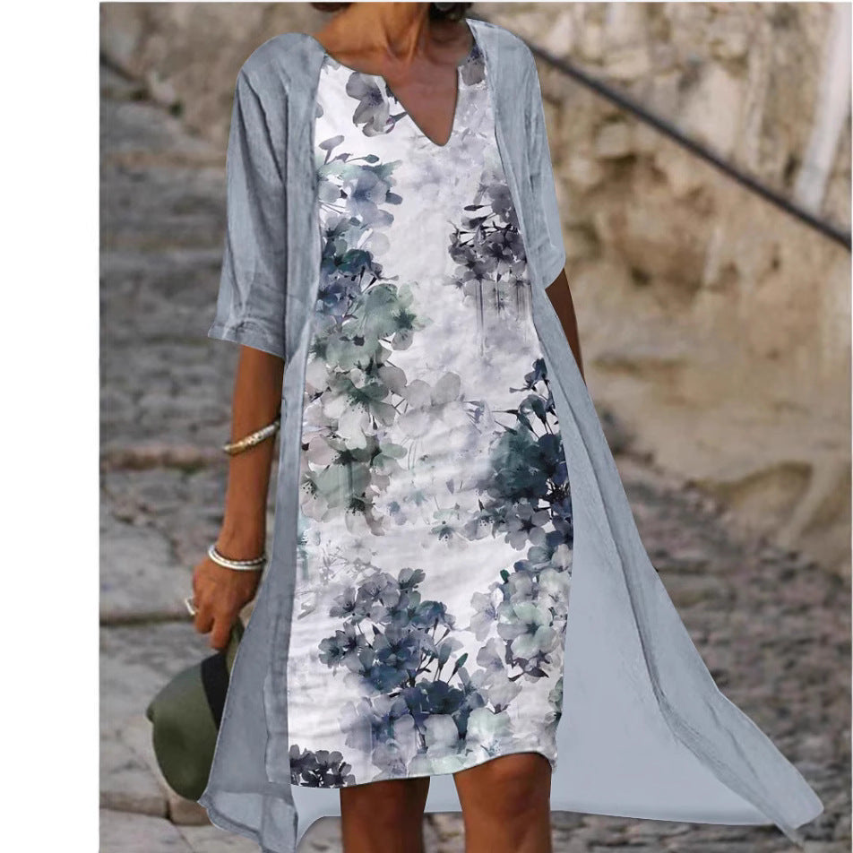 Damen Freizeitkleid mit floralem Design und tiefem V-Ausschnitt EB