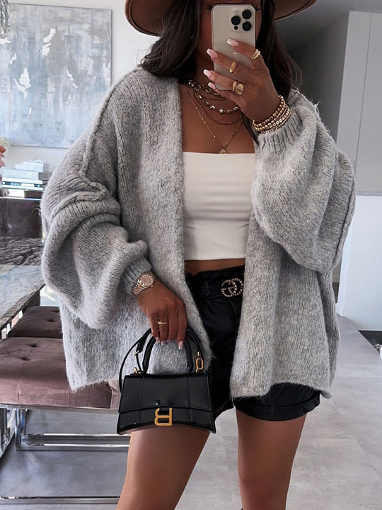 Damen oversized Strickjacke mit lässigen Ballonärmeln und strukturiertem Material EB