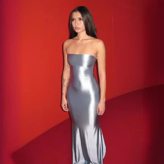 Damen figurbetontes Satin Maxi-Kleid mit schulterfreiem Design und einzigartigem V-Ausschnitt EB