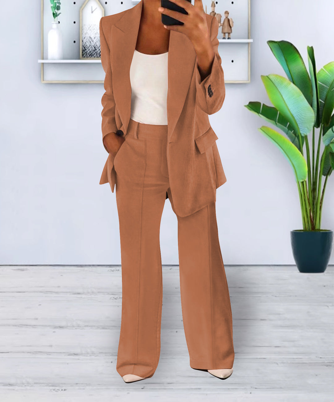 Damen Zweiteiliges Business-Casual Tailoring-Set mit Longline-Blazer und weitem Bundfalten-Hosenbein EB