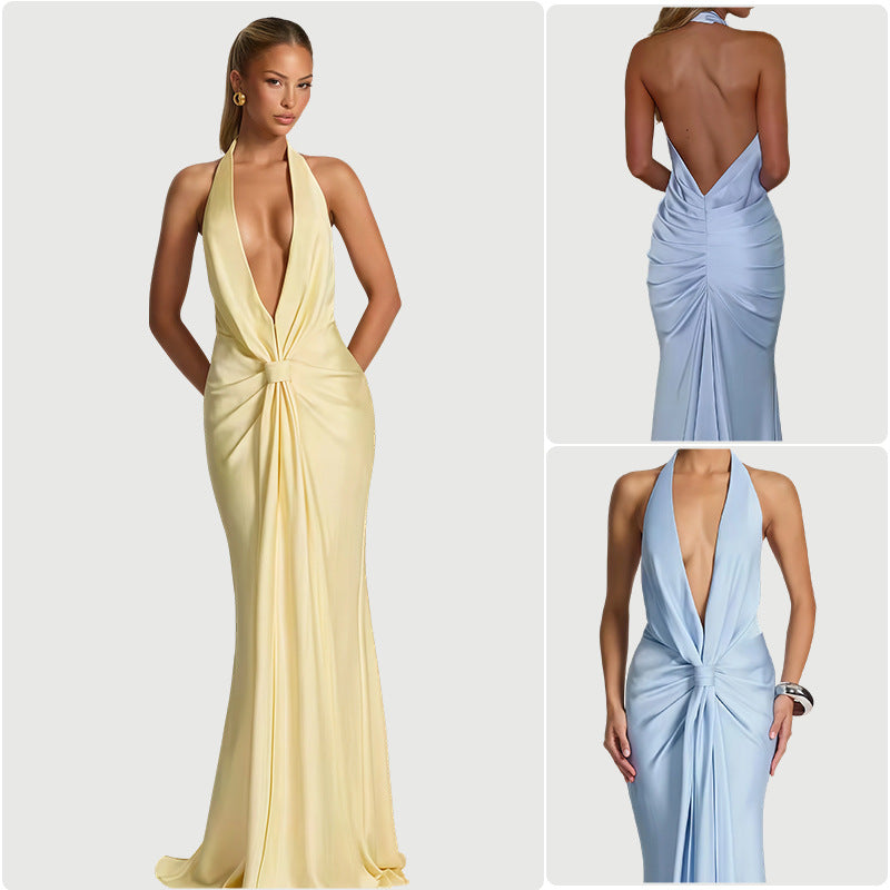 Damen Elegantes Maxi-Kleid mit tiefem V-Ausschnitt und verführerischem Wickeldetail EB