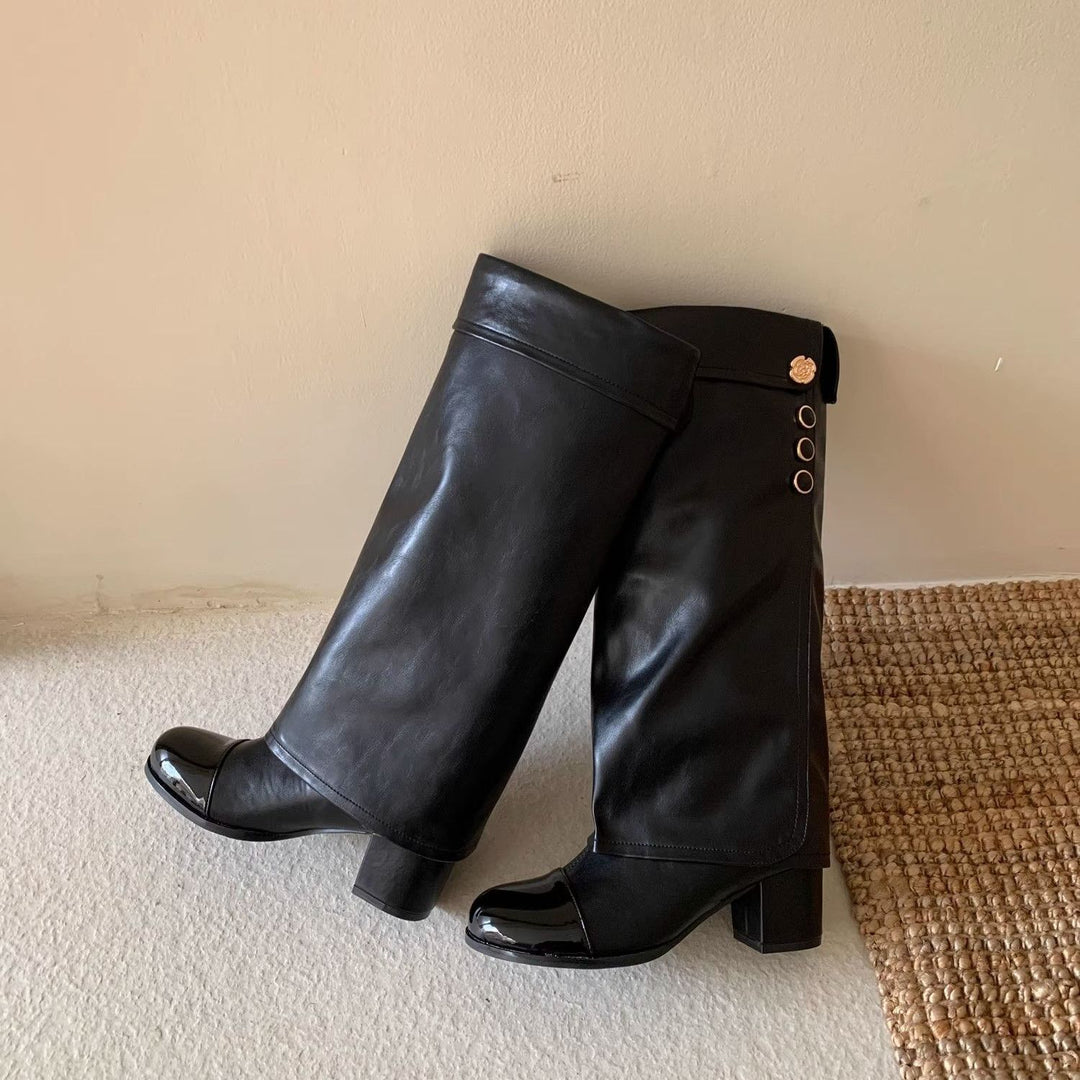Damen Elegante Stiefel mit dekorativem Knopfdetail und Blockabsatz EB
