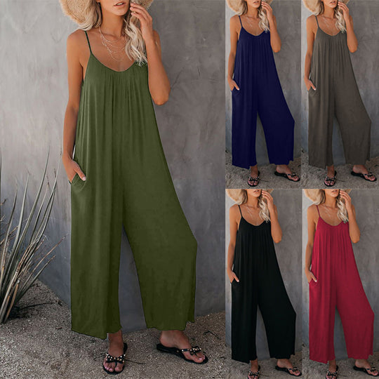 Damen Lässiger Sommer-Jumpsuit mit tiefem Ausschnitt und praktischen Taschen EB