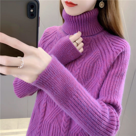 Damen Strickpullover mit hohem Kragen und feinem Zopfmuster EB