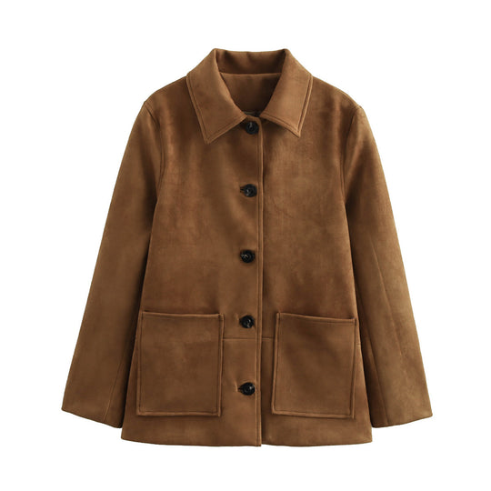 Damen elegante Wildlederjacke mit großzügigen Taschen und Knopfdetails EB