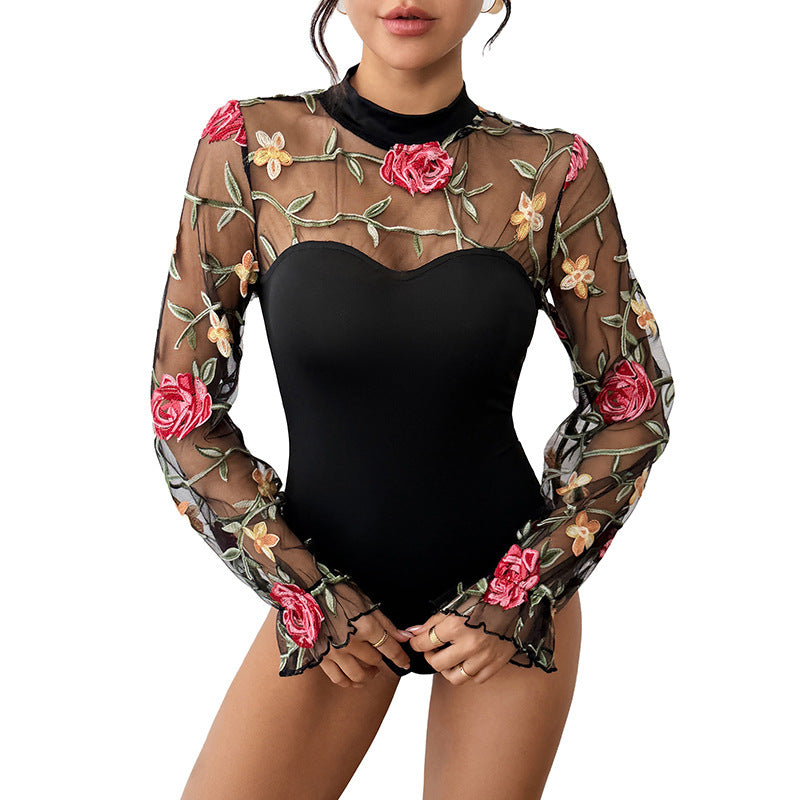Damen Transparenter Mesh-Body mit floraler Stickerei, Herz-Bustier-Einsatz und Stehkragen EB
