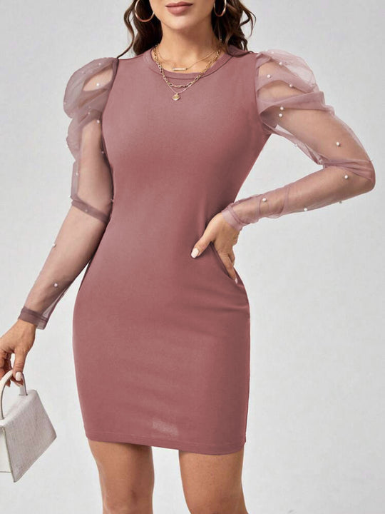 Damen Minikleid mit Tüllärmeln und Perlendetails EB