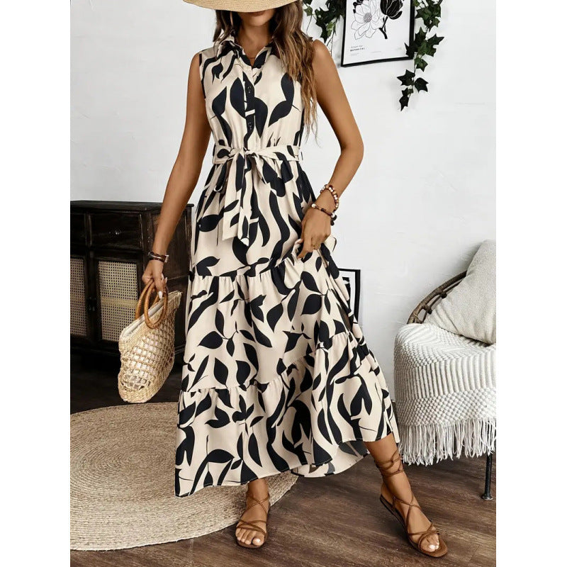 Damen Maxi-Kleid mit maskulinem Blätterdruck und tailliertem Gürtel EB