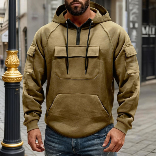 Herren nan funktionaler Kapuzenpullover mit halbem Frontreißverschluss, aufgesetzter Fronttasche mit Klappe und Kängurutasche EB