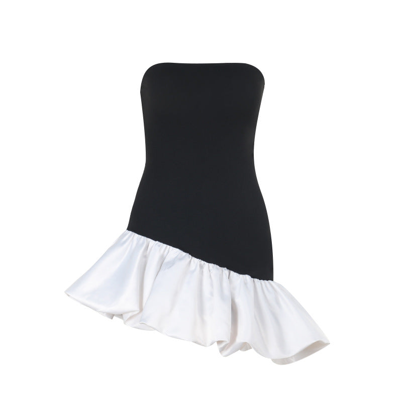 Damen schulterfreies Wickelkleid mit asymmetrischem Saum und farblich kontrastierender Rüsche EB