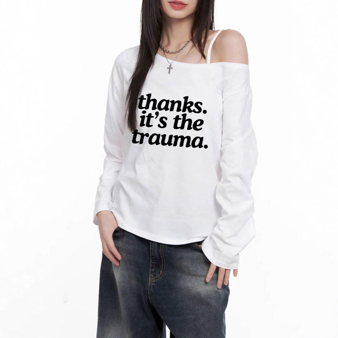 Damen nan Off-Shoulder Langarm-Cropshirt mit Statement-Print, asymmetrischem Ausschnitt und lockerem Oversize-Schnitt EB