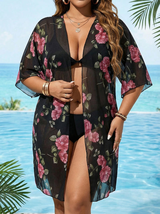 Damen transparenter Strandüberwurf mit floralen Mustern EB