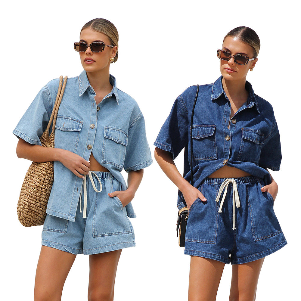 Damen lässige Kurzarm-Jeansbluse mit passender Shorts EB