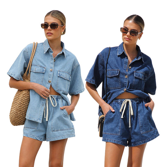 Damen lässige Kurzarm-Jeansbluse mit passender Shorts EB