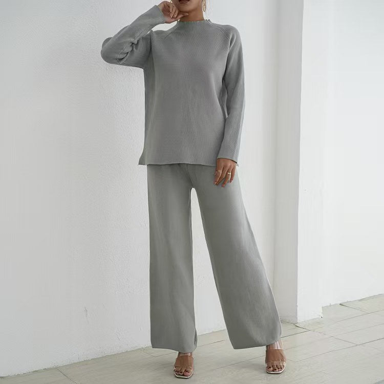 Damen elegantes und lässiges Strick-Loungewear-Set mit hohem Kragen und weiten Beinen EB