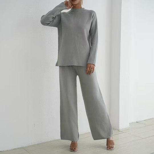 Damen elegantes und lässiges Strick-Loungewear-Set mit hohem Kragen und weiten Beinen EB