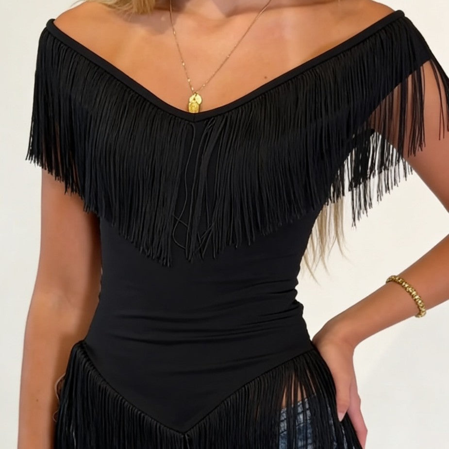 Damen Top mit fransigem Detail und Off-Shoulder-Design EB