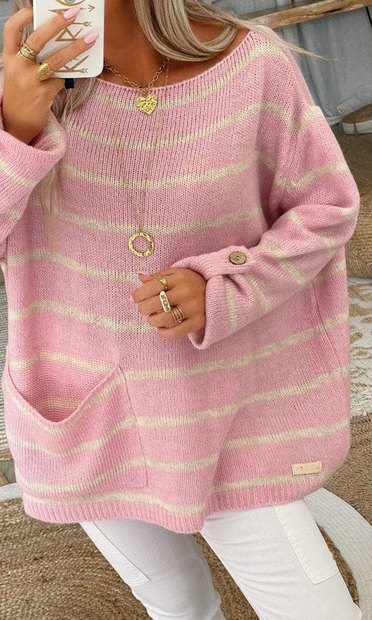 Damen Oversized Strickpullover mit eleganten Streifen und praktischen Taschen EB