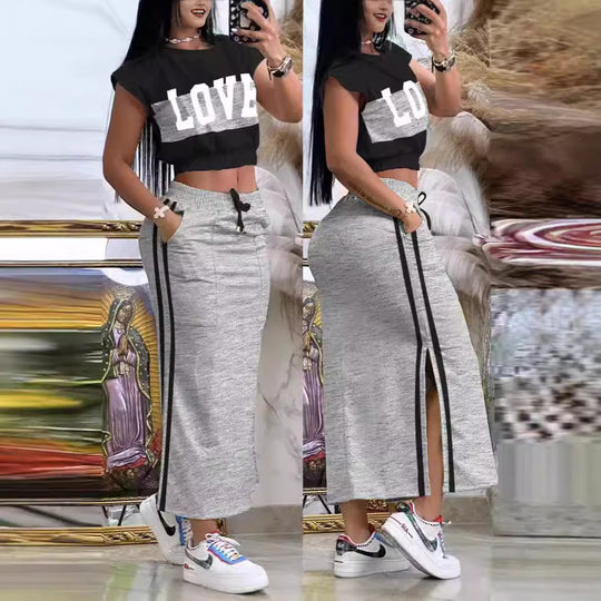Damen Sportliches Crop-Top und Maxirock Set EB