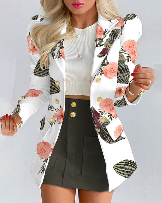 Damen Zweiteiliges karriertes Blazer- und Minirock-Set mit betonten Puffärmeln und goldenen Knöpfen EB