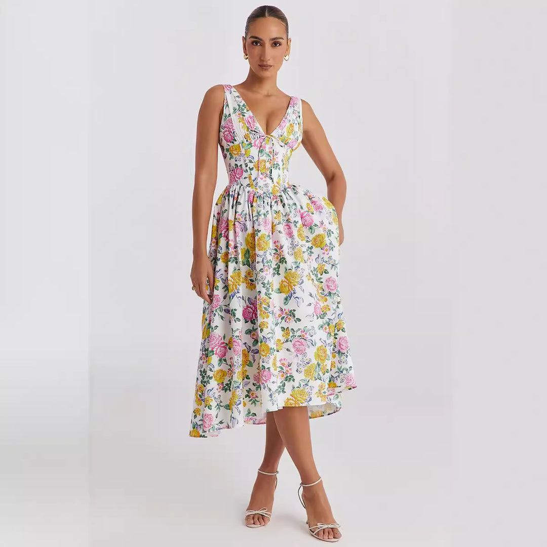 Damen Midikleid mit floralen Akzenten und tailliertem Oberteil EB