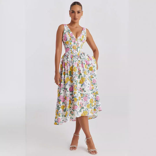 Damen Midikleid mit floralen Akzenten und tailliertem Oberteil EB