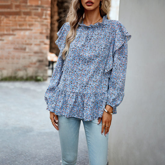 Damen nan geblümte Chiffon-Bluse mit gerafftem Stehkragen, Volant-Schultern und tailliertem Stufen-Saum EB