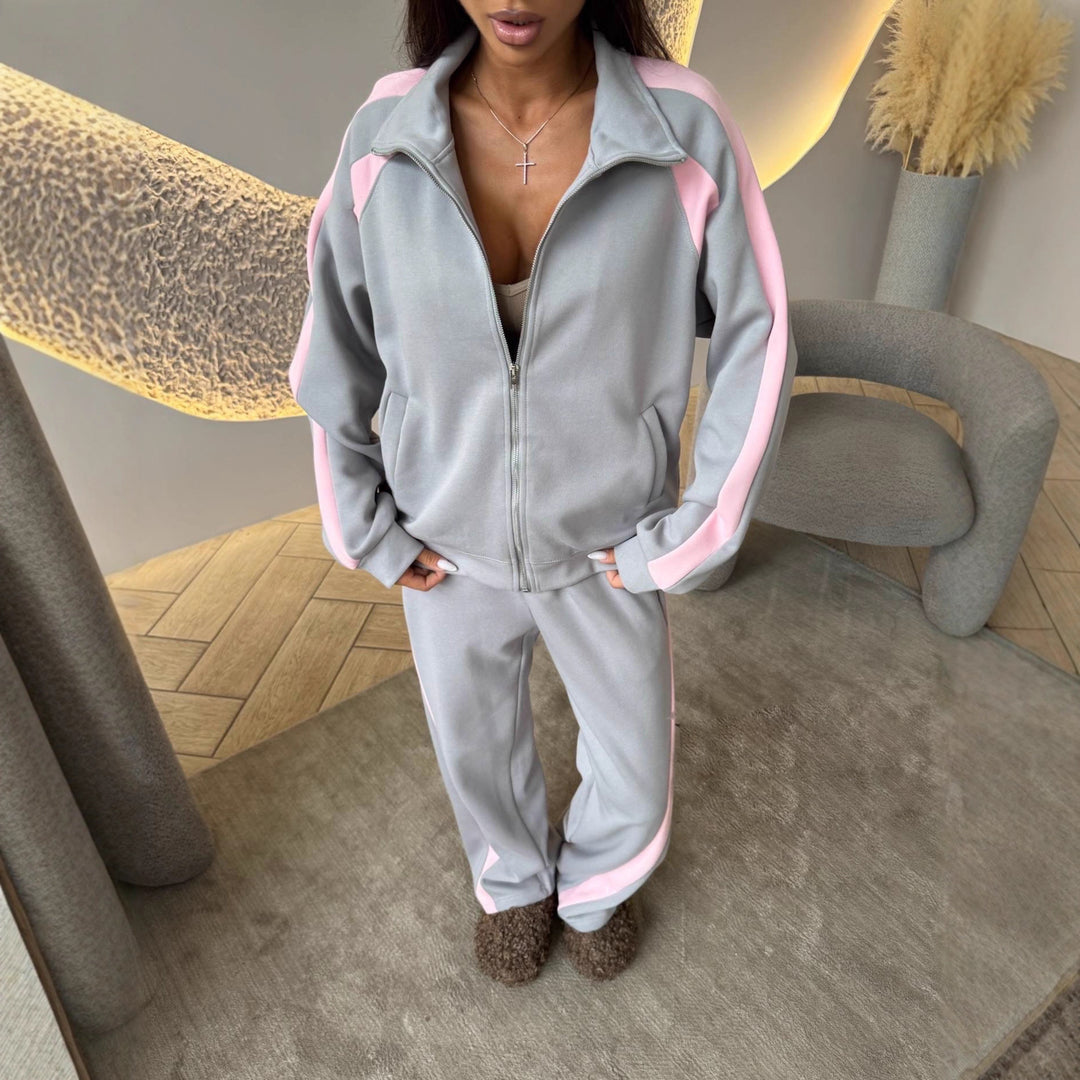 Damen Zweiteiliges Trainingsanzug-Set mit Reißverschlussjacke und weitem Jogginghose EB