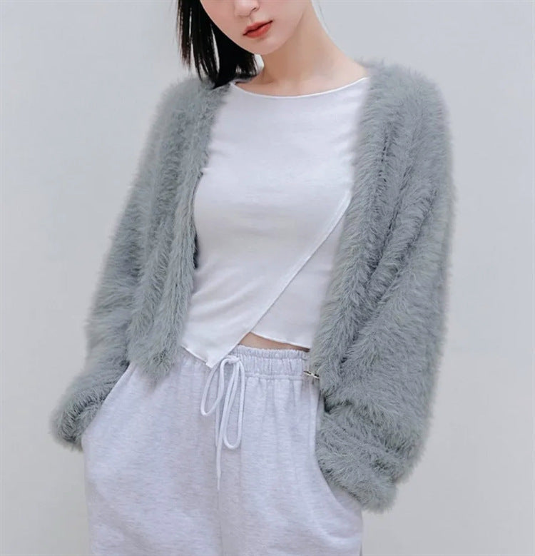 Damen Kurze flauschige Kunstfell-Cardigan mit offenem Schnitt und Raglanärmeln EB