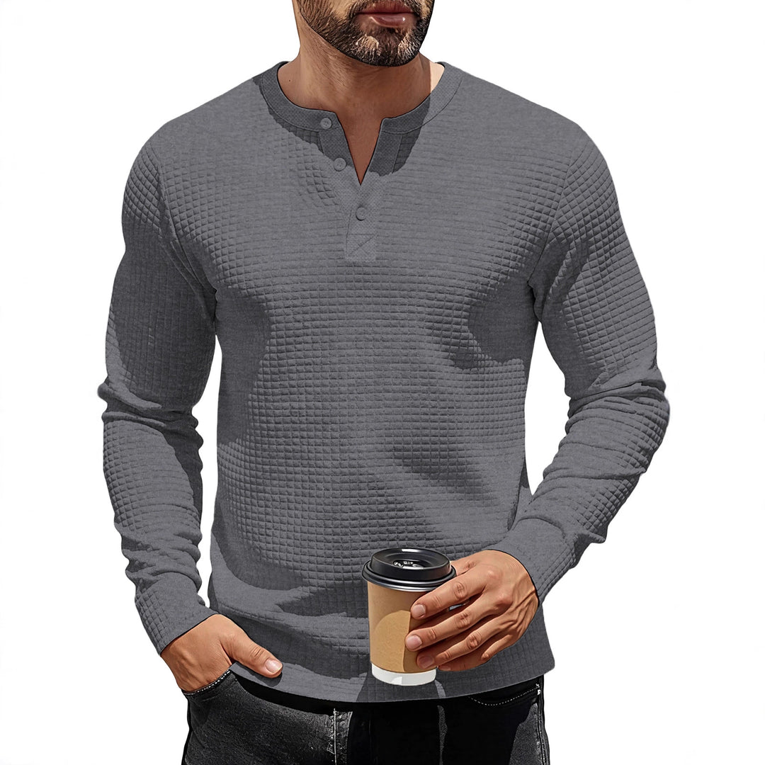 Herren nan strukturiertes Henley-Langarmshirt aus Waffelstrick mit Stehkragen und schmaler Silhouette EB