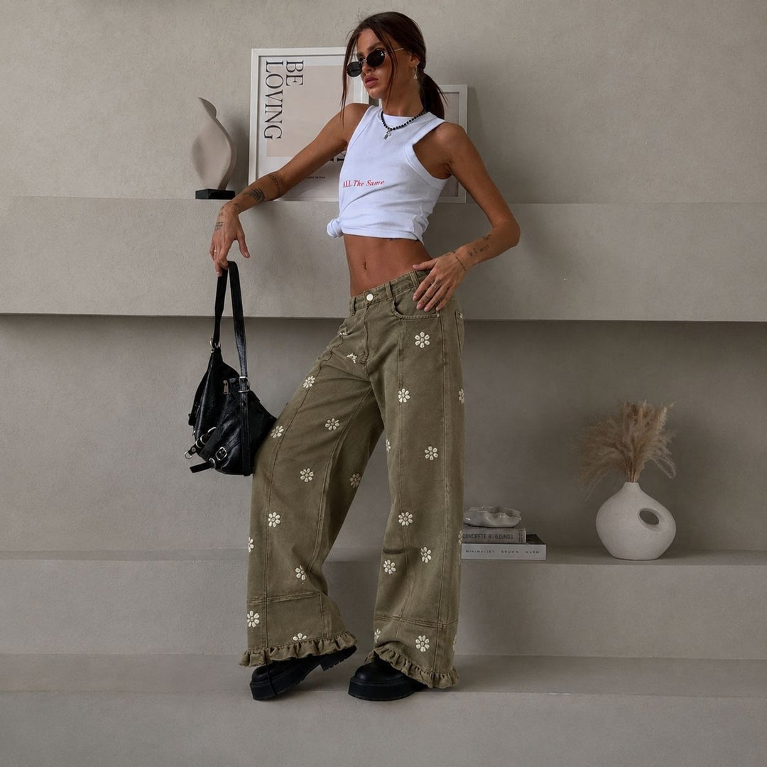 Damen weite Denimhose mit Gänseblümchen-Print, hohem Bund und Rüschenabschluss Eichborn Berlin