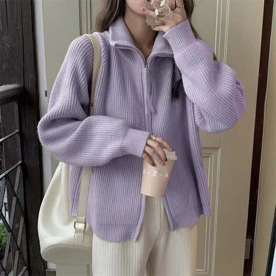 Damen Strickjacke mit hohem Kragen und durchgehendem Reißverschluss EB