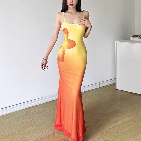 Damen figurbetontes Abendkleid mit Spaghettiträgern und Farbverlauf EB