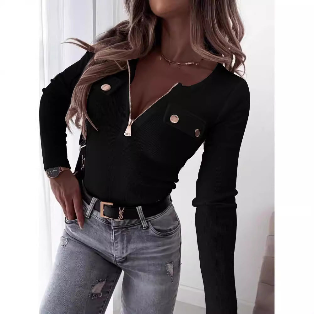 Damen Langarm Bodysuit mit Reißverschluss und dekorativen Knöpfen EB