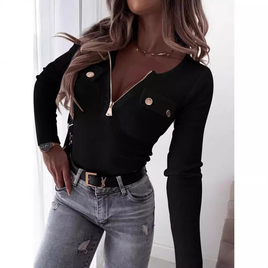 Damen Langarm Bodysuit mit Reißverschluss und dekorativen Knöpfen EB