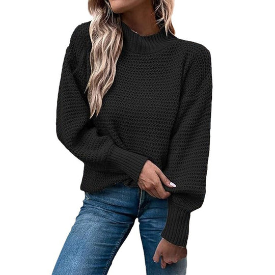 Damen modischer Strickpullover mit hohem Kragen und strukturiertem Muster EB