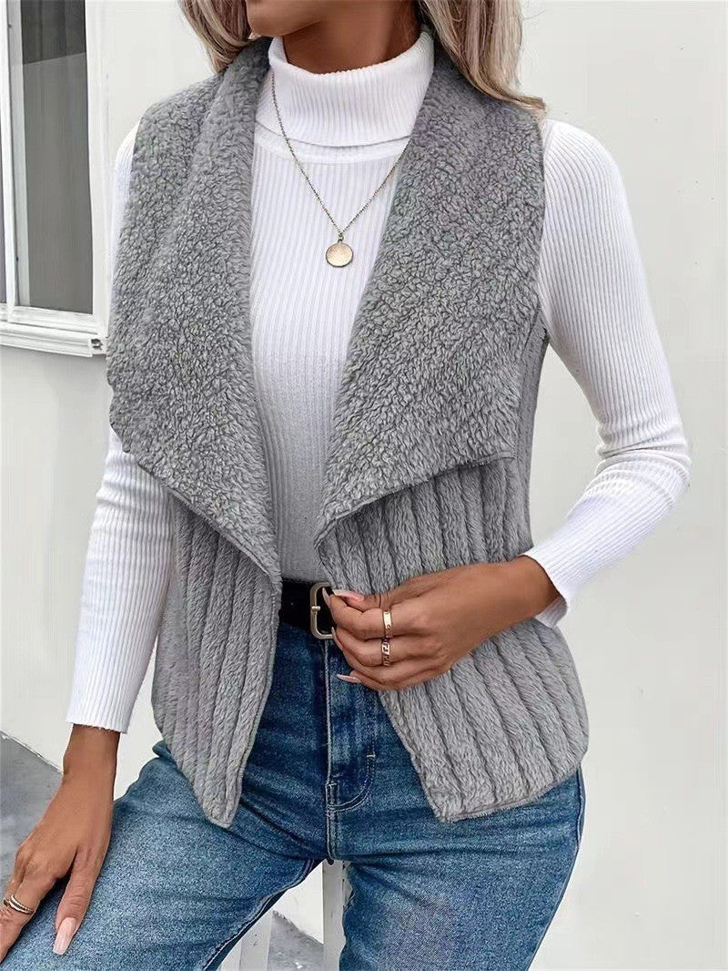 Damen nan kuschelige ärmellose Teddy-Fleece-Weste mit großem Schalkragen und strukturierter Rippenoptik EB