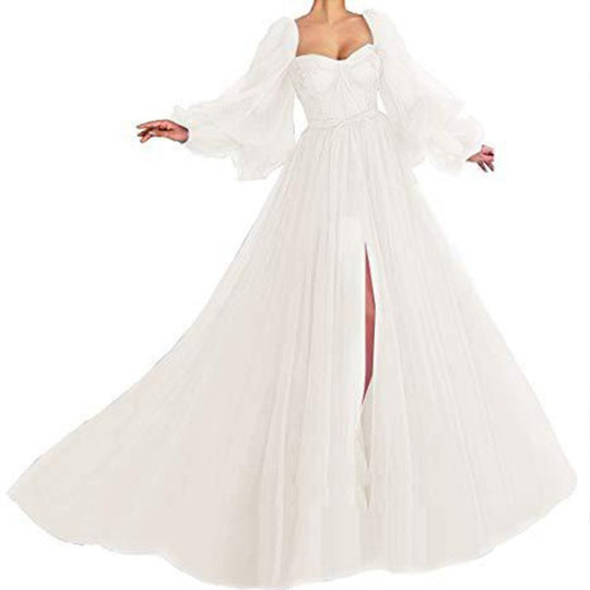 Damen Tüll Abendkleid mit voluminösen Ärmeln und seitlichem Schlitz EB