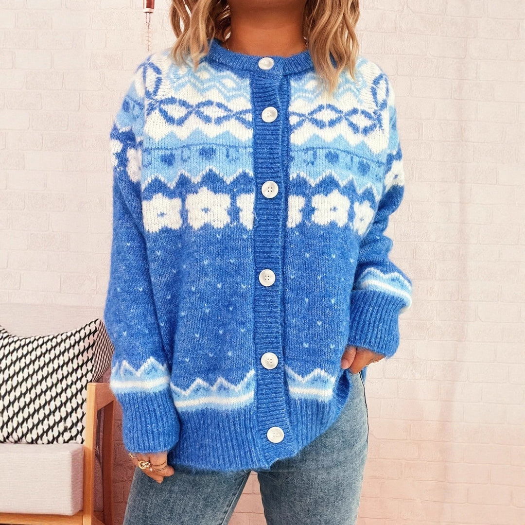 Damen gemütliche Strickjacke mit blauen Mustern und Knopfverschluss EB