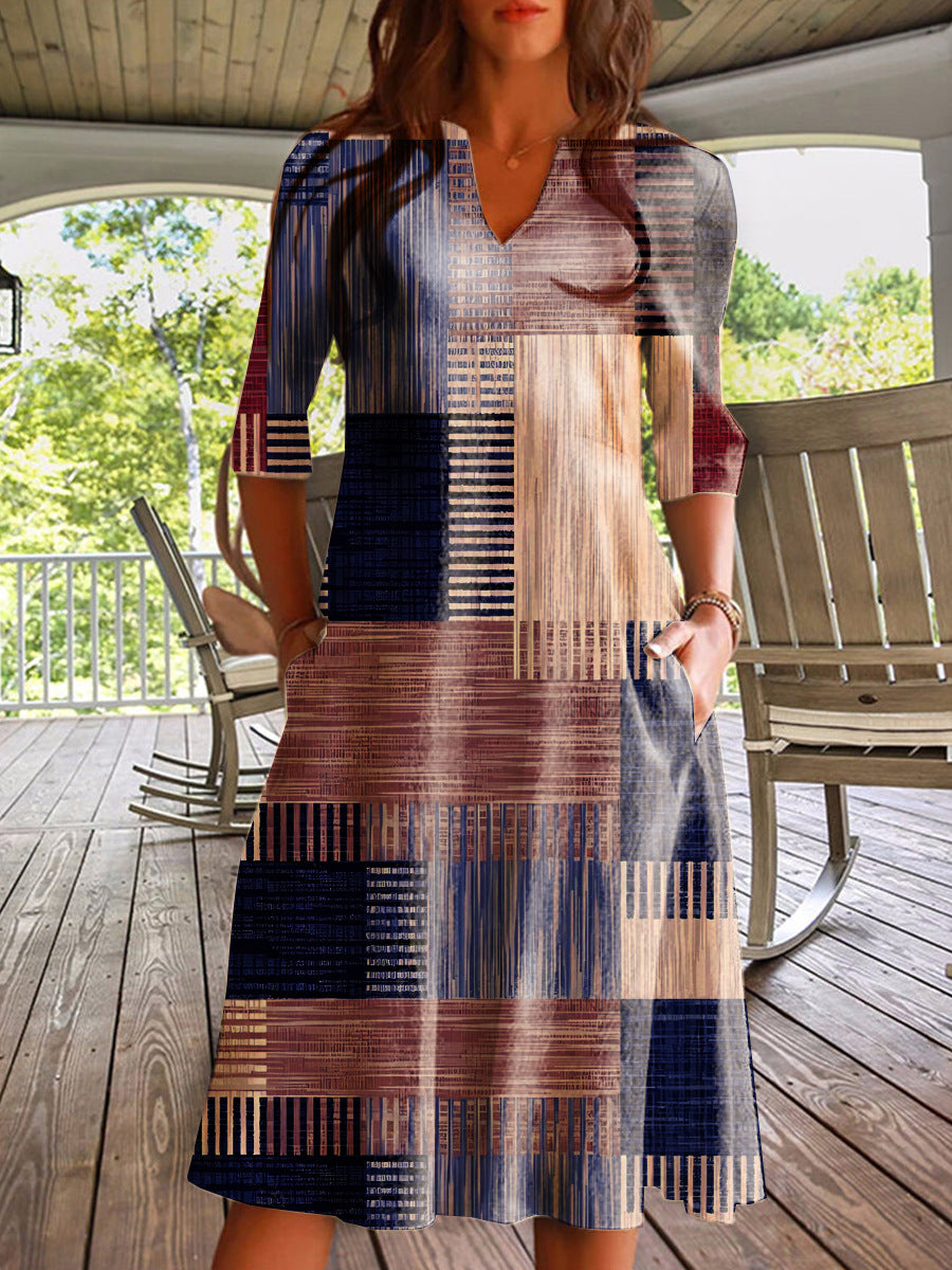 Damen Midikleid mit modernem Blockmuster und praktischen Seitentaschen EB