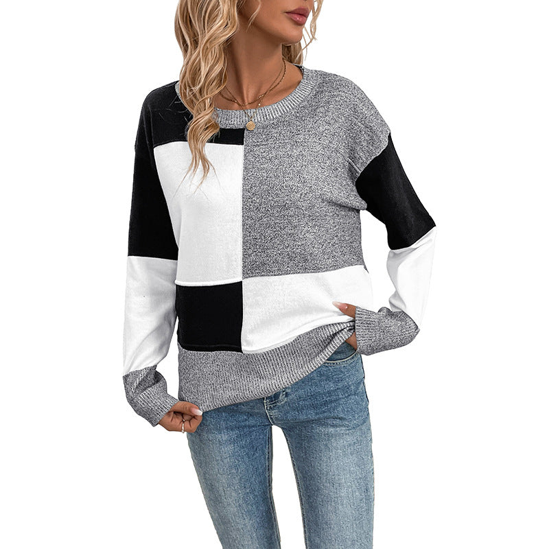 Damen Blockmuster-Strickpullover mit Rundhalsausschnitt und legerer Passform EB