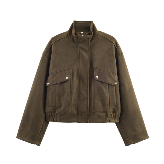 Damen nan kurze Oversize-Jacke in Wildlederoptik mit Stehkragen, aufgesetzten Pattentaschen und elastischem Bund EB