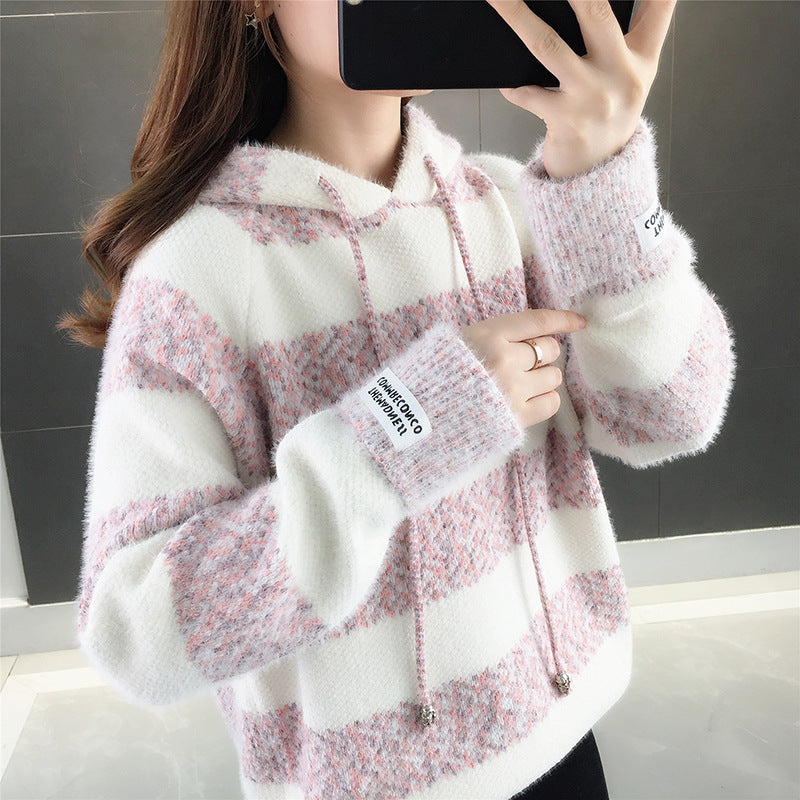 Damen Freizeit Hoodie mit strukturiertem Streifenmuster und Kordelzug EB