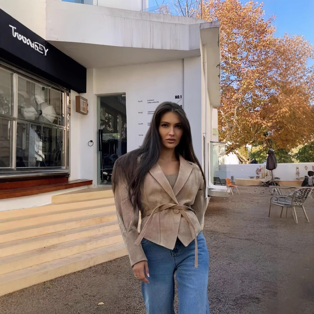 Damen schicke Wollblazerjacke mit Taillengürtel EB
