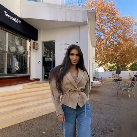 Damen schicke Wollblazerjacke mit Taillengürtel EB