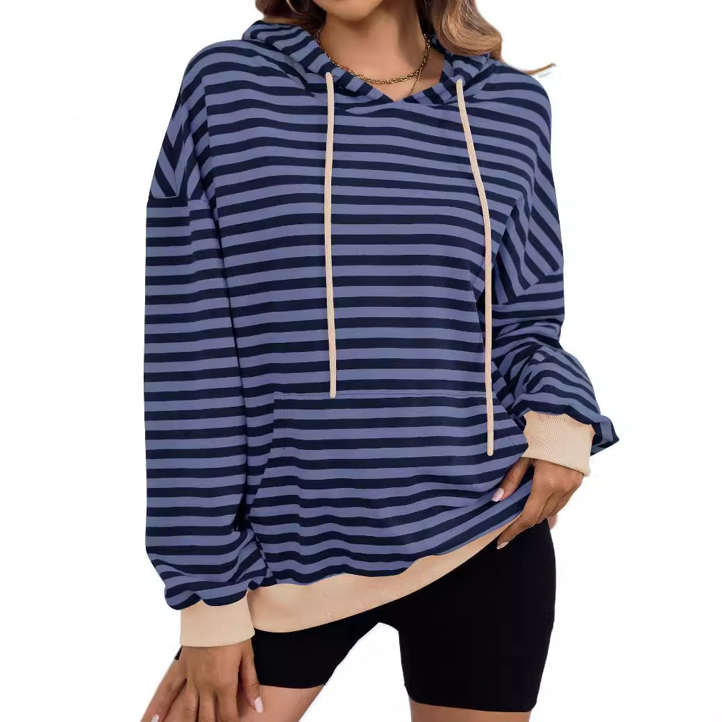 Damen lässiger Kapuzenpullover mit buntem Streifenmuster EB