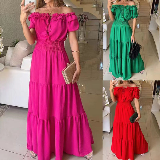 Damen Maxikleid mit Schulterfreiem Design und Voluminösen Rüschen EB