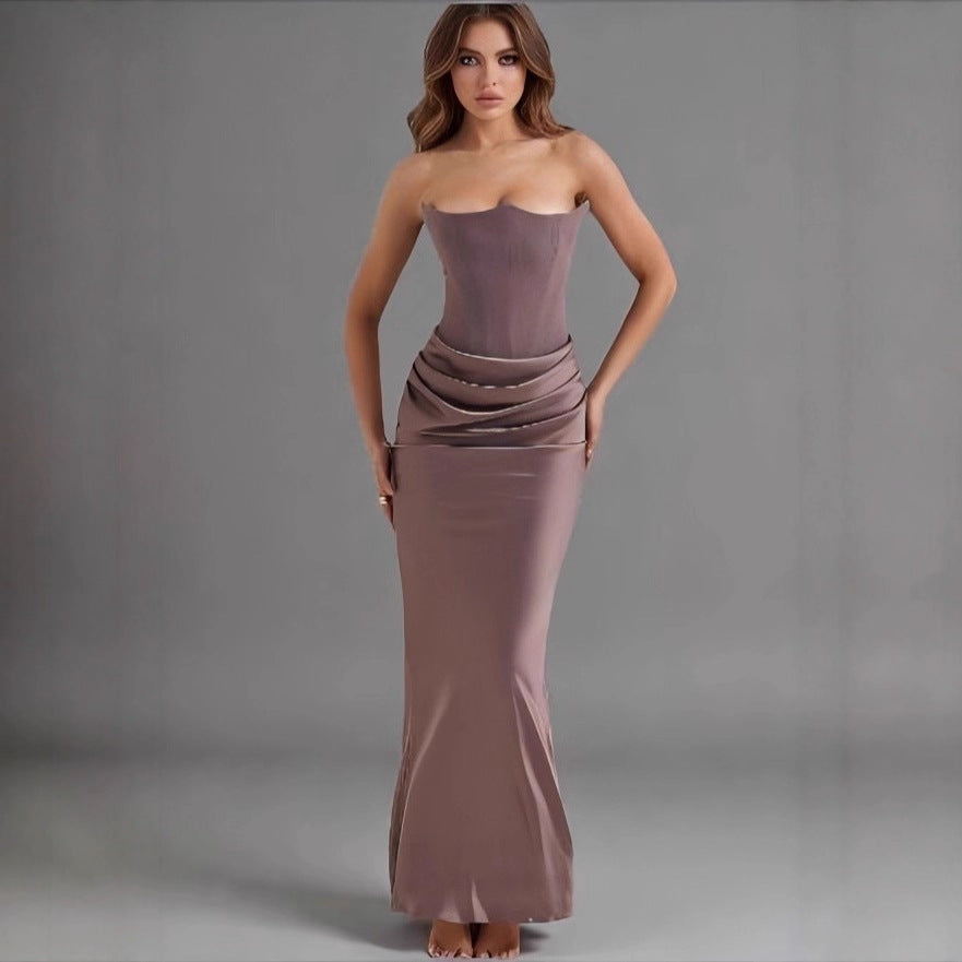Damen Maxikleid mit Raffungen und elegantem Bustier-Ausschnitt EB